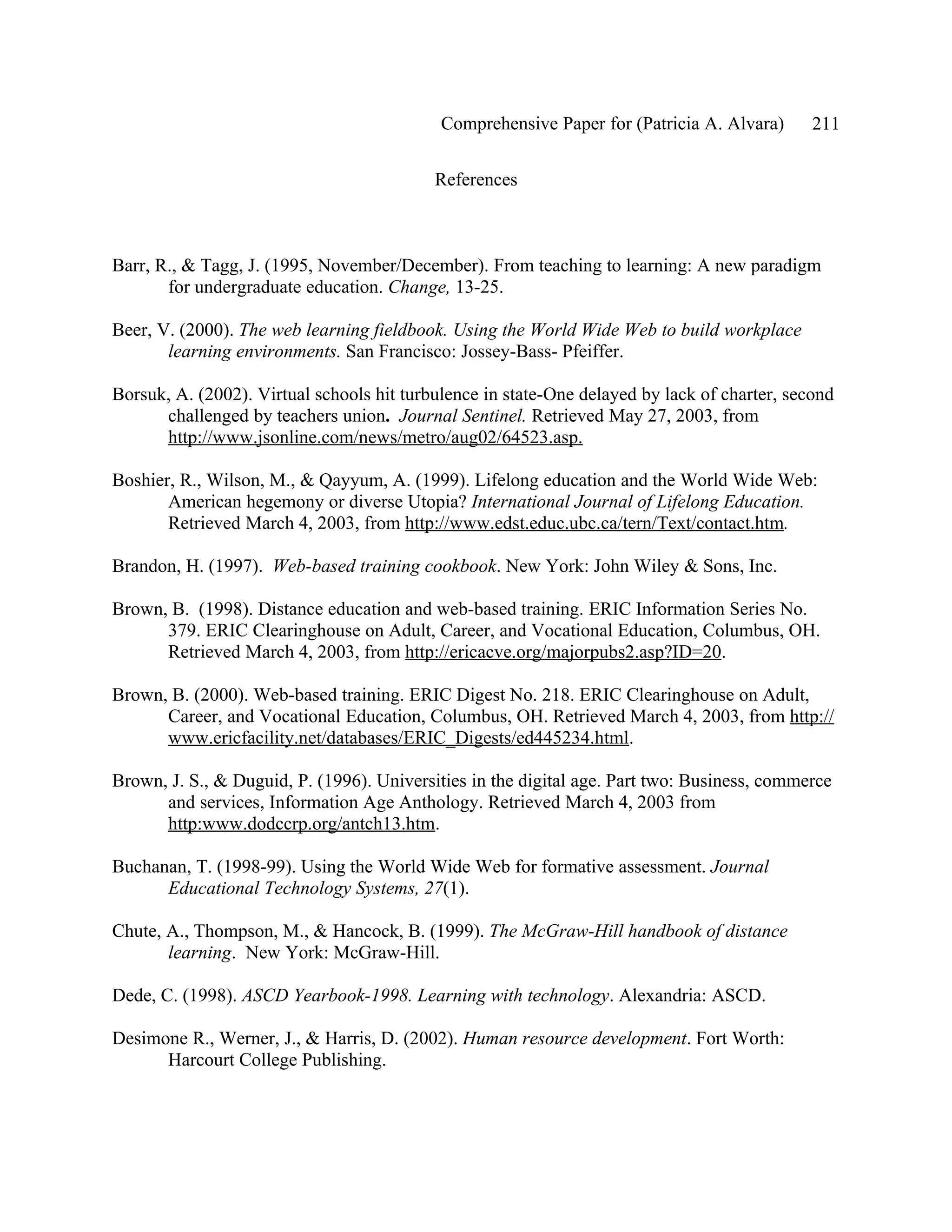 Comprehensive Paper for (Patricia A. Alvara)      211

                                           References



Barr, R., & Tagg, J. (1995, November/December). From teaching to learning: A new paradigm
       for undergraduate education. Change, 13-25.

Beer, V. (2000). The web learning fieldbook. Using the World Wide Web to build workplace
       learning environments. San Francisco: Jossey-Bass- Pfeiffer.

Borsuk, A. (2002). Virtual schools hit turbulence in state-One delayed by lack of charter, second
      challenged by teachers union. Journal Sentinel. Retrieved May 27, 2003, from
      http://www.jsonline.com/news/metro/aug02/64523.asp.

Boshier, R., Wilson, M., & Qayyum, A. (1999). Lifelong education and the World Wide Web:
       American hegemony or diverse Utopia? International Journal of Lifelong Education.
       Retrieved March 4, 2003, from http://www.edst.educ.ubc.ca/tern/Text/contact.htm.

Brandon, H. (1997). Web-based training cookbook. New York: John Wiley & Sons, Inc.

Brown, B. (1998). Distance education and web-based training. ERIC Information Series No.
      379. ERIC Clearinghouse on Adult, Career, and Vocational Education, Columbus, OH.
      Retrieved March 4, 2003, from http://ericacve.org/majorpubs2.asp?ID=20.

Brown, B. (2000). Web-based training. ERIC Digest No. 218. ERIC Clearinghouse on Adult,
      Career, and Vocational Education, Columbus, OH. Retrieved March 4, 2003, from http://
      www.ericfacility.net/databases/ERIC_Digests/ed445234.html.

Brown, J. S., & Duguid, P. (1996). Universities in the digital age. Part two: Business, commerce
      and services, Information Age Anthology. Retrieved March 4, 2003 from
      http:www.dodccrp.org/antch13.htm.

Buchanan, T. (1998-99). Using the World Wide Web for formative assessment. Journal
      Educational Technology Systems, 27(1).

Chute, A., Thompson, M., & Hancock, B. (1999). The McGraw-Hill handbook of distance
       learning. New York: McGraw-Hill.

Dede, C. (1998). ASCD Yearbook-1998. Learning with technology. Alexandria: ASCD.

Desimone R., Werner, J., & Harris, D. (2002). Human resource development. Fort Worth:
      Harcourt College Publishing.
 