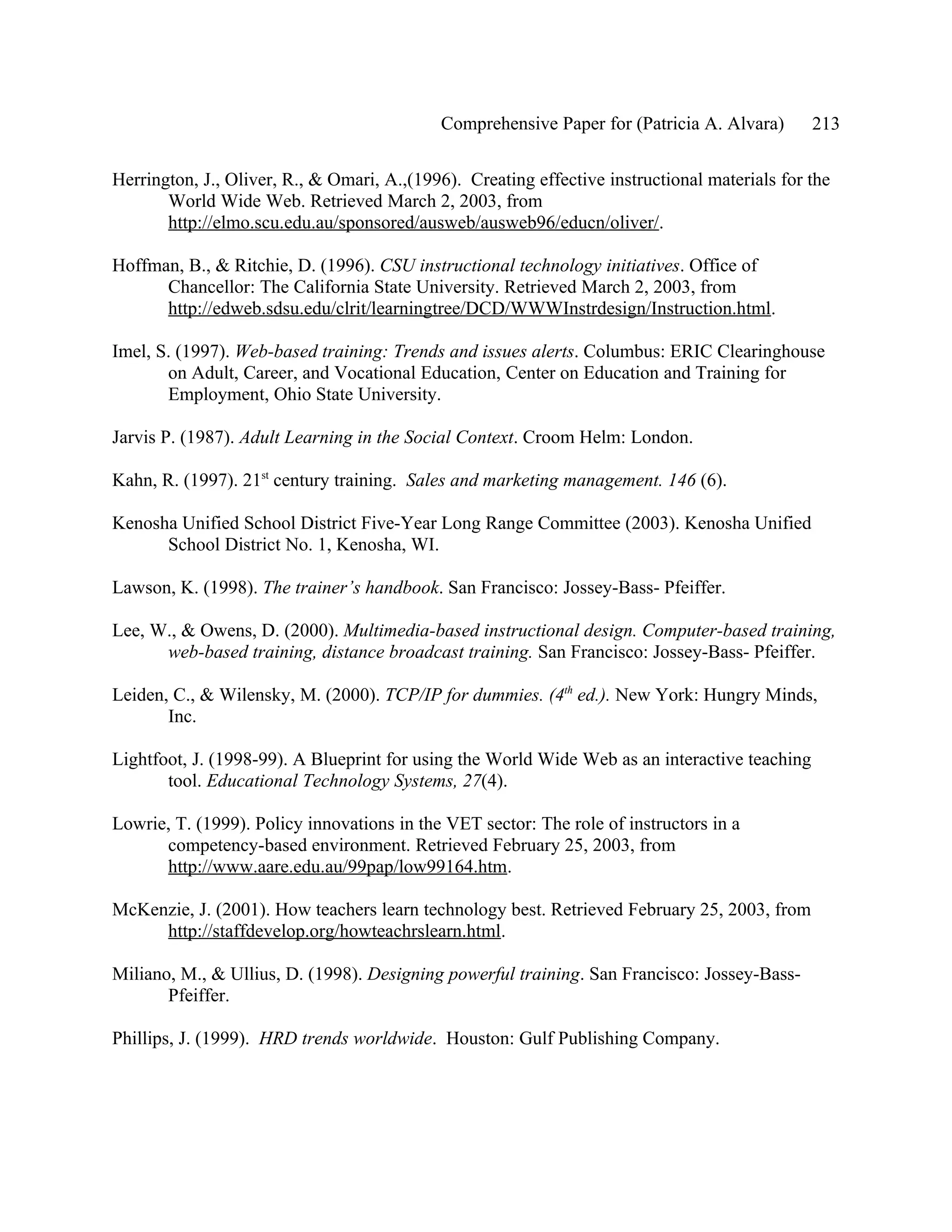 Comprehensive Paper for (Patricia A. Alvara)       213

Herrington, J., Oliver, R., & Omari, A.,(1996). Creating effective instructional materials for the
       World Wide Web. Retrieved March 2, 2003, from
       http://elmo.scu.edu.au/sponsored/ausweb/ausweb96/educn/oliver/.

Hoffman, B., & Ritchie, D. (1996). CSU instructional technology initiatives. Office of
      Chancellor: The California State University. Retrieved March 2, 2003, from
      http://edweb.sdsu.edu/clrit/learningtree/DCD/WWWInstrdesign/Instruction.html.

Imel, S. (1997). Web-based training: Trends and issues alerts. Columbus: ERIC Clearinghouse
       on Adult, Career, and Vocational Education, Center on Education and Training for
       Employment, Ohio State University.

Jarvis P. (1987). Adult Learning in the Social Context. Croom Helm: London.

Kahn, R. (1997). 21st century training. Sales and marketing management. 146 (6).

Kenosha Unified School District Five-Year Long Range Committee (2003). Kenosha Unified
      School District No. 1, Kenosha, WI.

Lawson, K. (1998). The trainer’s handbook. San Francisco: Jossey-Bass- Pfeiffer.

Lee, W., & Owens, D. (2000). Multimedia-based instructional design. Computer-based training,
      web-based training, distance broadcast training. San Francisco: Jossey-Bass- Pfeiffer.

Leiden, C., & Wilensky, M. (2000). TCP/IP for dummies. (4th ed.). New York: Hungry Minds,
       Inc.

Lightfoot, J. (1998-99). A Blueprint for using the World Wide Web as an interactive teaching
       tool. Educational Technology Systems, 27(4).

Lowrie, T. (1999). Policy innovations in the VET sector: The role of instructors in a
      competency-based environment. Retrieved February 25, 2003, from
      http://www.aare.edu.au/99pap/low99164.htm.

McKenzie, J. (2001). How teachers learn technology best. Retrieved February 25, 2003, from
     http://staffdevelop.org/howteachrslearn.html.

Miliano, M., & Ullius, D. (1998). Designing powerful training. San Francisco: Jossey-Bass-
       Pfeiffer.

Phillips, J. (1999). HRD trends worldwide. Houston: Gulf Publishing Company.
 