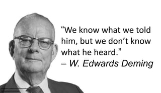 “We know what we told
him, but we don’t know
what he heard.”
– W. Edwards Deming
Infographic published by Neil Beyersdorf
...