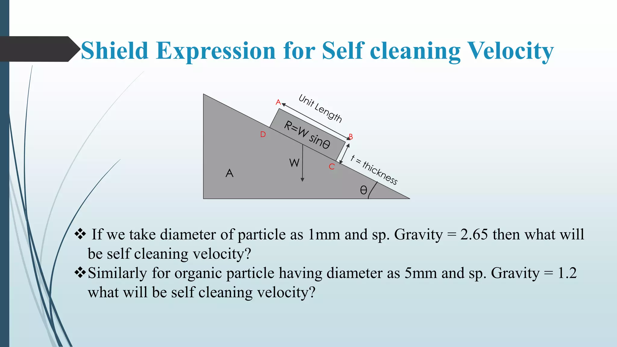 Shield Expression for Self cleaning Velocity
A
θ
W
D B
A
 If we take diameter of particle as 1mm and sp. Gravity = 2.65 then what will
be self cleaning velocity?
Similarly for organic particle having diameter as 5mm and sp. Gravity = 1.2
what will be self cleaning velocity?
 