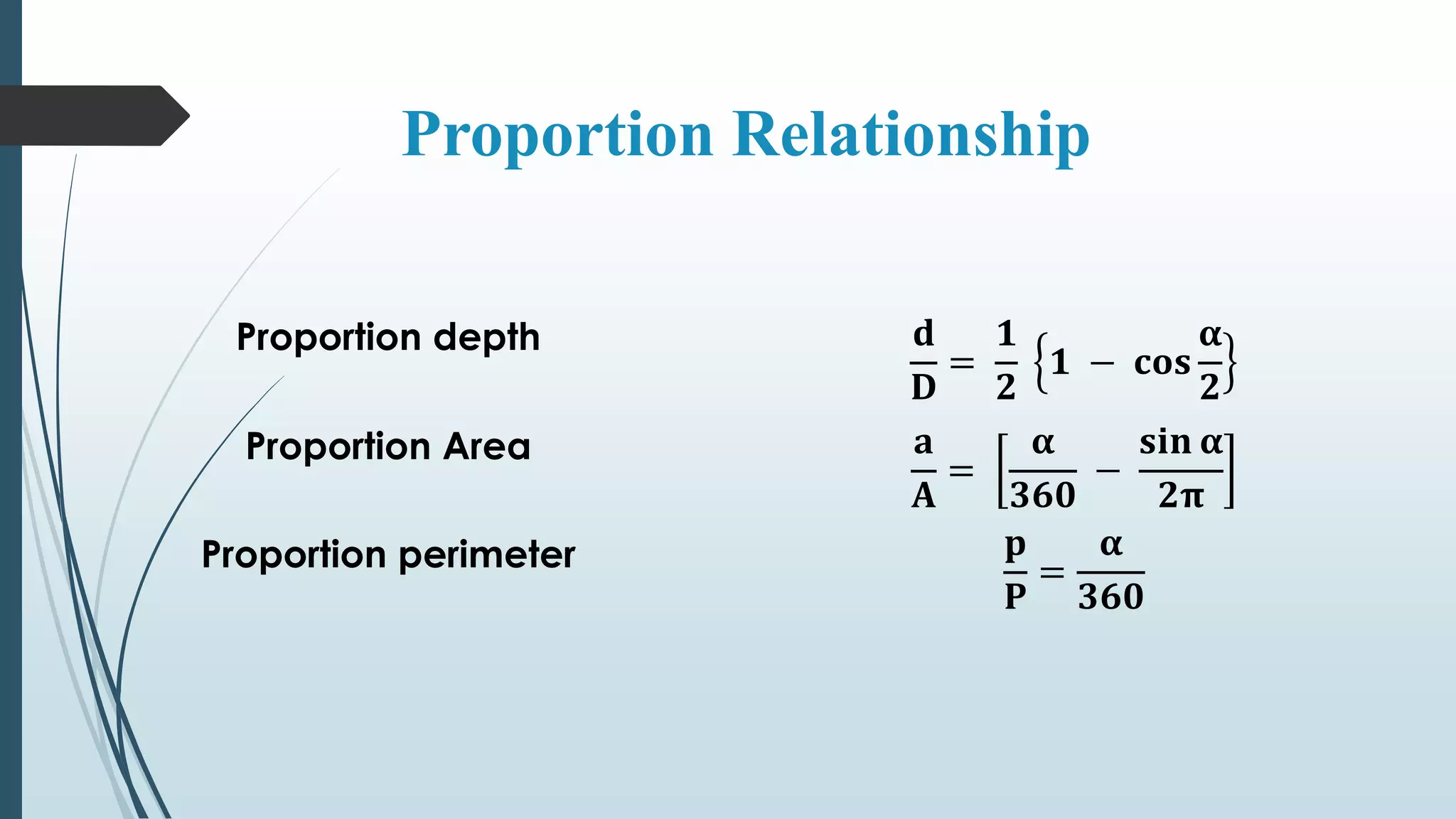 Proportion Relationship
Proportion depth 𝐝
𝐃
=
𝟏
𝟐
𝟏 − 𝐜𝐨𝐬
𝛂
𝟐
Proportion Area 𝐚
𝐀
=
𝛂
𝟑𝟔𝟎
−
𝐬𝐢𝐧 𝛂
𝟐𝛑
Proportion perimeter 𝐩
𝐏
=
𝛂
𝟑𝟔𝟎
 