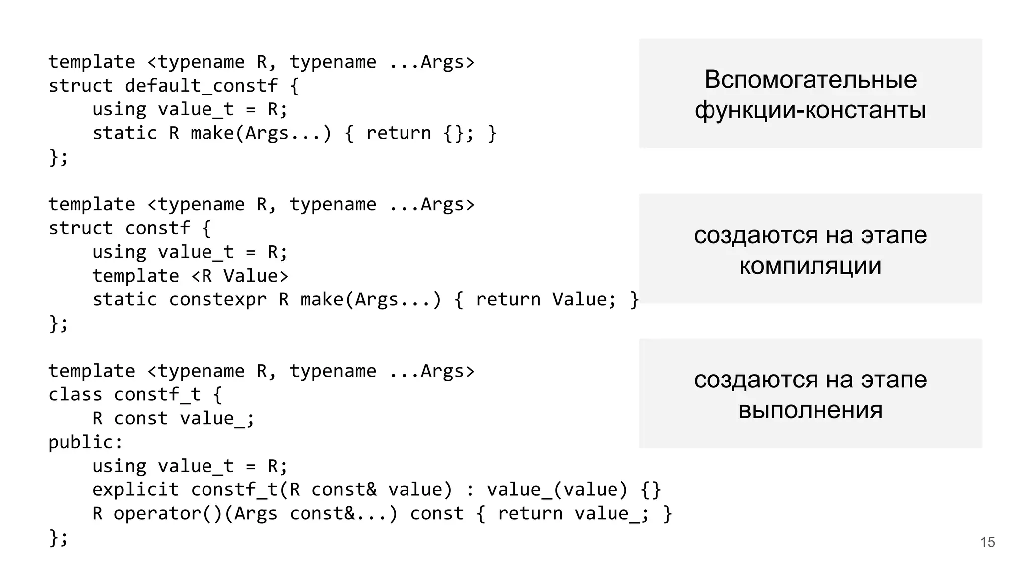 template <typename R, typename ...Args>
struct default_constf {
using value_t = R;
static R make(Args...) { return {}; }
};
template <typename R, typename ...Args>
struct constf {
using value_t = R;
template <R Value>
static constexpr R make(Args...) { return Value; }
};
template <typename R, typename ...Args>
class constf_t {
R const value_;
public:
using value_t = R;
explicit constf_t(R const& value) : value_(value) {}
R operator()(Args const&...) const { return value_; }
};
Вспомогательные
функции-константы
создаются на этапе
выполнения
создаются на этапе
компиляции
15
 