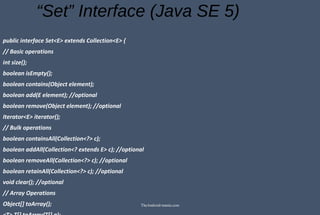“Set” Interface (Java SE 5)
public interface Set<E> extends Collection<E> {
// Basic operations
int size();
boolean isEmpty();
boolean contains(Object element);
boolean add(E element); //optional
boolean remove(Object element); //optional
Iterator<E> iterator();
// Bulk operations
boolean containsAll(Collection<?> c);
boolean addAll(Collection<? extends E> c); //optional
boolean removeAll(Collection<?> c); //optional
boolean retainAll(Collection<?> c); //optional
void clear(); //optional
// Array Operations
Object[] toArray(); TheAndroid-mania.com
 