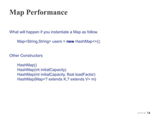 Map Performance
What will happen if you instantiate a Map as follow.
Map<String,String> users = new HashMap<>();
Other Constructors
HashMap()
HashMap(int initialCapacity)
HashMap(int initialCapacity, float loadFactor)
HashMap(Map<? extends K,? extends V> m)
14Java for SE
 