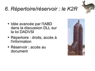 6. Répertoire/réservoir : le K2R Idée avancée par l'IABD dans la discussion DLL sur la loi DADVSI Répertoire : droits, accès à l'information Réservoir : accès au document 
