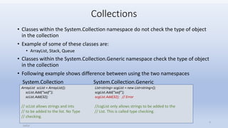 Collections
• Classes within the System.Collection namespace do not check the type of object
in the collection
• Example of some of these classes are:
• ArrayList, Stack, Queue
• Classes within the System.Collection.Generic namespace check the type of object
in the collection
• Following example shows difference between using the two namespaces
System.Collection System.Collection.Generic
Saifut
3
ArrayList scList = ArrayList(); List<string> scgList = new List<string>();
scList.Add(“saif”); scgList.Add(“saif”);
scList.Add(32); scgList.Add(32); // Error
// scList allows strings and ints //csgList only allows strings to be added to the
// to be added to the list. No Type // List. This is called type checking.
// checking.
 