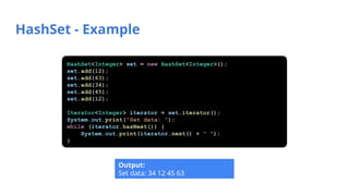 HashSet - Example
Output:
Set data: 34 12 45 63
HashSet<Integer> set = new HashSet<Integer>();
set.add(12);
set.add(63);
set.add(34);
set.add(45);
set.add(12);
Iterator<Integer> iterator = set.iterator();
System.out.print("Set data: ");
while (iterator.hasNext()) {
System.out.print(iterator.next() + " ");
}
 