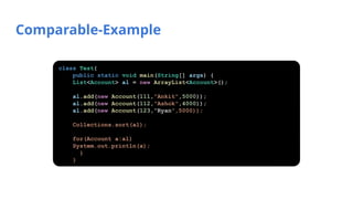 Comparable-Example
class Test{
public static void main(String[] args) {
List<Account> al = new ArrayList<Account>();
al.add(new Account(111,"Ankit",5000));
al.add(new Account(112,"Ashok",4000));
al.add(new Account(123,“Ryan",5000));
Collections.sort(al);
for(Account a:al)
System.out.println(a);
}
}
 