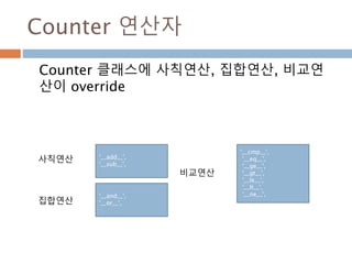 Counter 사칙연산
Counter 인스턴스 내의 키값이 같은 경우에
+/- 연산이 가능하며 zero 값은 표시하지 않음
36
 