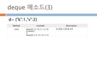 deque 메소드(3)
d= {"k":1,"v":2}
Method example Description
'rotate' deque([4, 12, 10, 3, 1, 2, 3])
d.rotate(2)
d
deque([2, 3, 4, 12, 10, 3, 1])
요소들을 n 값만큼 순회
 