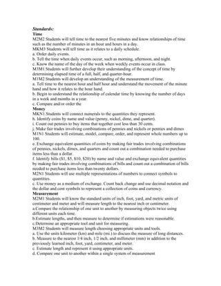Standards:
Time
M2M2 Students will tell time to the nearest five minutes and know relationships of time
such as the number of minutes in an hour and hours in a day.
MKM3 Students will tell time as it relates to a daily schedule.
a. Order daily events.
b. Tell the time when daily events occur, such as morning, afternoon, and night.
c. Know the name of the day of the week when weekly events occur in class.
M3M1 Students will further develop their understanding of the concept of time by
determining elapsed time of a full, half, and quarter-hour.
M1M2 Students will develop an understanding of the measurement of time.
a. Tell time to the nearest hour and half hour and understand the movement of the minute
hand and how it relates to the hour hand.
b. Begin to understand the relationship of calendar time by knowing the number of days
in a week and months in a year.
c. Compare and/or order the
Money
MKN1 Students will connect numerals to the quantities they represent.
h. Identify coins by name and value (penny, nickel, dime, and quarter).
i. Count out pennies to buy items that together cost less than 30 cents.
j. Make fair trades involving combinations of pennies and nickels or pennies and dimes
M1N1 Students will estimate, model, compare, order, and represent whole numbers up to
100.
e. Exchange equivalent quantities of coins by making fair trades involving combinations
of pennies, nickels, dimes, and quarters and count out a combination needed to purchase
items less than a dollar.
f. Identify bills ($1, $5, $10, $20) by name and value and exchange equivalent quantities
by making fair trades involving combinations of bills and count out a combination of bills
needed to purchase items less than twenty dollars.
M2N1 Students will use multiple representations of numbers to connect symbols to
quantities.
c. Use money as a medium of exchange. Count back change and use decimal notation and
the dollar and cent symbols to represent a collection of coins and currency.
Measurement
M2M1 Students will know the standard units of inch, foot, yard, and metric units of
centimeter and meter and will measure length to the nearest inch or centimeter.
a.Compare the relationship of one unit to another by measuring objects twice using
different units each time.
b.Estimate lengths, and then measure to determine if estimations were reasonable.
c.Determine an appropriate tool and unit for measuring.
M3M2 Students will measure length choosing appropriate units and tools.
a. Use the units kilometer (km) and mile (mi.) to discuss the measure of long distances.
b. Measure to the nearest 1/4 inch, 1/2 inch, and millimeter (mm) in addition to the
previously learned inch, foot, yard, centimeter, and meter.
c. Estimate length and represent it using appropriate units.
d. Compare one unit to another within a single system of measurement
 