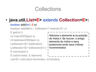 Collections
• java.util.List<E> extends Collection<E>:
  boolean add(int i, E e)
  boolean addAll(int i, Collection<? extends E> c)
  E get(int i)
  int indexOf(Object o)               Adiciona o elemento e na posição
                                      de índice i. Se houver, o antigo
  int lastIndexOf(Object o)
                                      elemento do índice e seus
  ListIterator<E> listIterator()      posteriores terão seus índices
  ListIterator<E> listIterator(int i) incrementados
  E remove(int i)
  E set(int index, E element)
  List<E> subList(int fromIndex, int toIndex)
 
