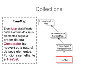 Collections

      TreeMap

É um Map classificado
onde a ordem dos seus
elementos segue a
ordem de seu
Comparator (se
houver) ou a natural
de seus elementos.
Funciona semelhante
a TreeSet.
 