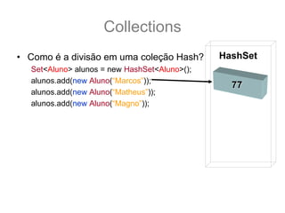 Collections
• Como é a divisão em uma coleção Hash?       HashSet
  Set<Aluno> alunos = new HashSet<Aluno>();
  alunos.add(new Aluno(“Marcos”));
                                                77
  alunos.add(new Aluno(“Matheus”));
  alunos.add(new Aluno(“Magno”));
 