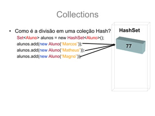 Collections
• Como é a divisão em uma coleção Hash?       HashSet
  Set<Aluno> alunos = new HashSet<Aluno>();
  alunos.add(new Aluno(“Marcos”));
                                                77
  alunos.add(new Aluno(“Matheus”));
  alunos.add(new Aluno(“Magno”));
 
