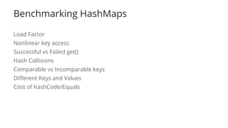 Benchmarking HashMaps
Load Factor
Nonlinear key access
Successful vs Failed get()
Hash Collisions
Comparable vs Incomparable keys
Different Keys and Values
Cost of hashCode/Equals
 