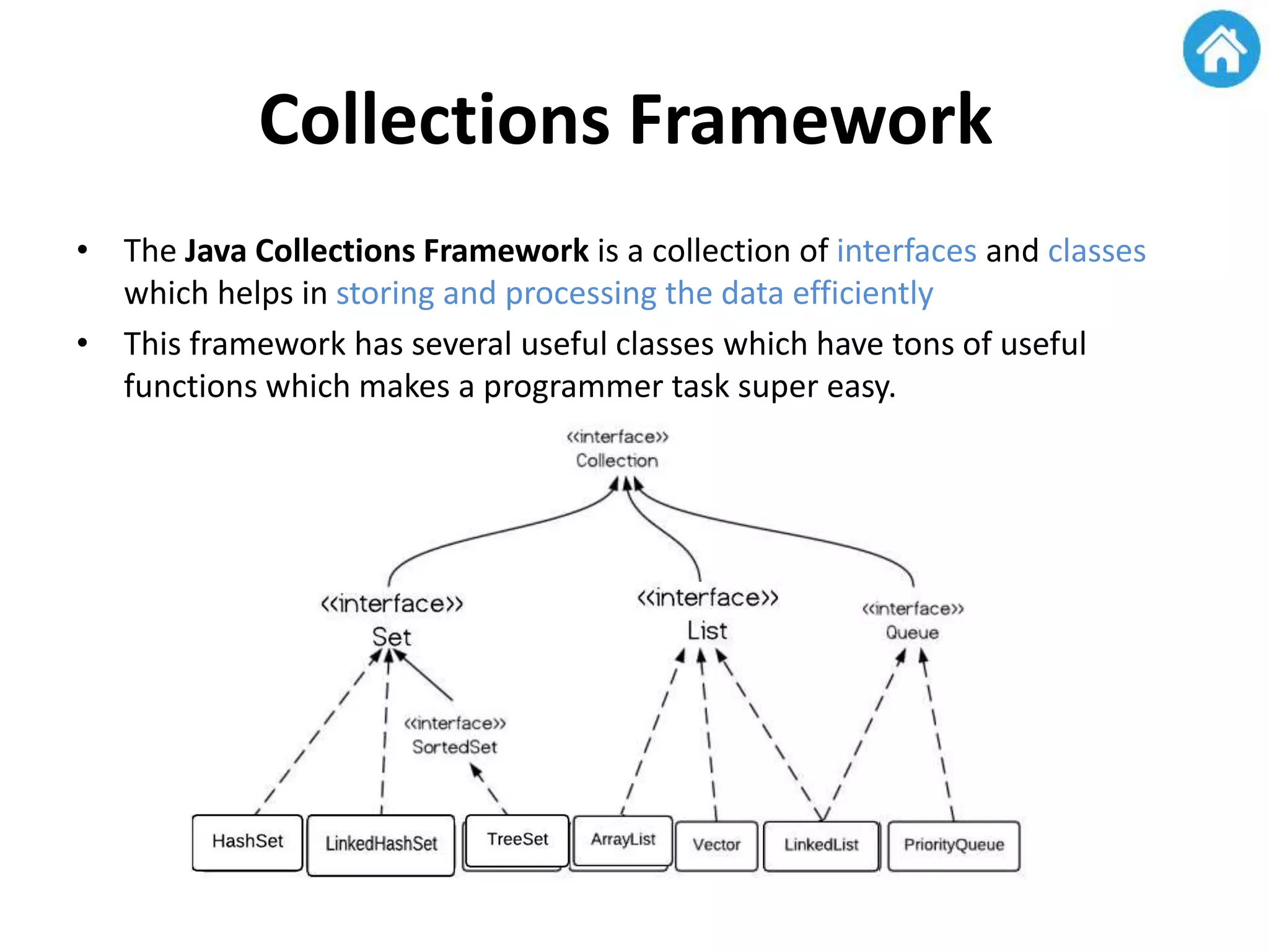 Collections Framework
• The Java Collections Framework is a collection of interfaces and classes
which helps in storing and processing the data efficiently
• This framework has several useful classes which have tons of useful
functions which makes a programmer task super easy.
 