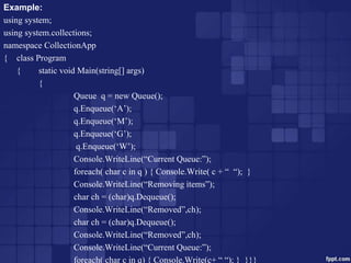 Example:
using system;
using system.collections;
namespace CollectionApp
{ class Program
{ static void Main(string[] args)
{
Queue q = new Queue();
q.Enqueue(‘A’);
q.Enqueue(‘M’);
q.Enqueue(‘G’);
q.Enqueue(‘W’);
Console.WriteLine(“Current Queue:”);
foreach( char c in q ) { Console.Write( c + “ “); }
Console.WriteLine(“Removing items”);
char ch = (char)q.Dequeue();
Console.WriteLine(“Removed”,ch);
char ch = (char)q.Dequeue();
Console.WriteLine(“Removed”,ch);
Console.WriteLine(“Current Queue:”);
foreach( char c in q) { Console.Write(c+ “ “); } }}}
 