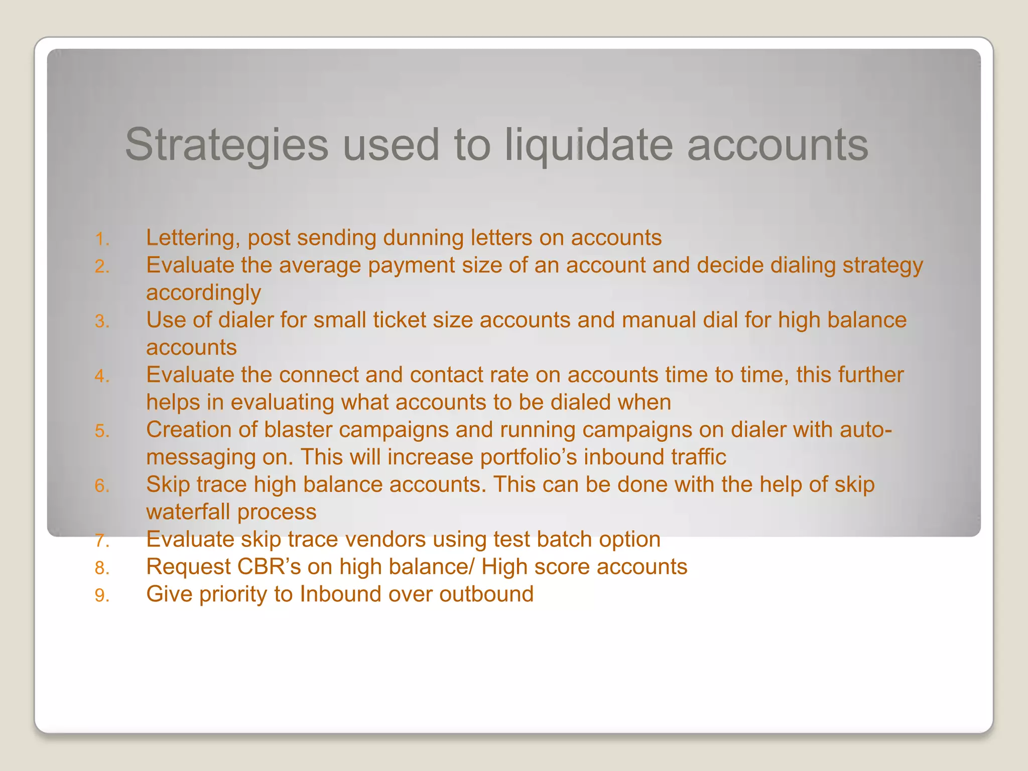  Post paying off the account, even the consumer can contact any of the credit bureau and get the status updated with the help of the final notification from the collection agency. This is more relevant to third party collections scenario, usually when a consumer settles or pays off his/her old outstanding debtSOMSOM is the abbreviated form of sources of money and is a very important tool for any collector to liquidate an account efficiently.A seasoned collector will always do fact finding and will try to find as many sources of funds which would help him liquidate his account, before the debtor finally says NO Money.Here are few money sources for U.S citizens:Salary ( If employed) otherwise income from enterprise.Unemployment check( Incase debtor is unemployed)Disability check  ( In case of disability filed by debtor)401K ( retirement benefit) Potential money from any pending lawsuitRefinance / equity loan out of current mortgageSeverance pay Cash Advance from POEAdvance out of employee’s active 401kDeferring of car paymentGarage sale