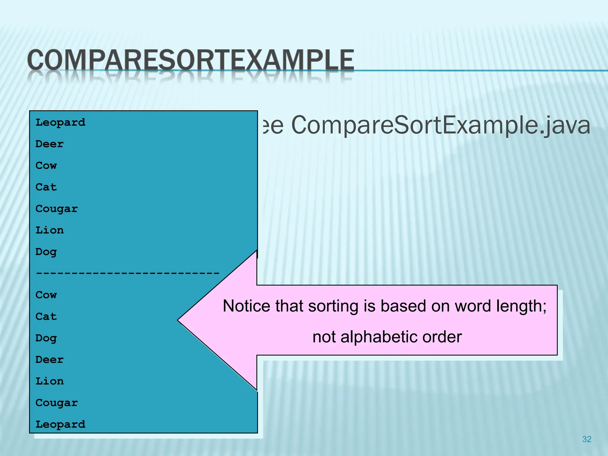  see CompareSortExample.java
32
Leopard
Deer
Cow
Cat
Cougar
Lion
Dog
--------------------------
Cow
Cat
Dog
Deer
Lion
Cougar
Leopard
Notice that sorting is based on word length;
not alphabetic order
 