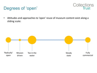 Degrees of ‘open’
• Attitudes and approaches to ‘open’ reuse of museum content exist along a
sliding scale:
‘Radically’
open
Fully
commercial
Toe in the
water
Mission
driven
Steady
state
 