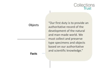 Objects Experiences
Facts Narratives
“Our first duty is to provide an
authoritative record of the
development of the natural
and man-made world. We
must collect and preserve
type specimens and objects
based on our authoritative
and scientific knowledge.”
 