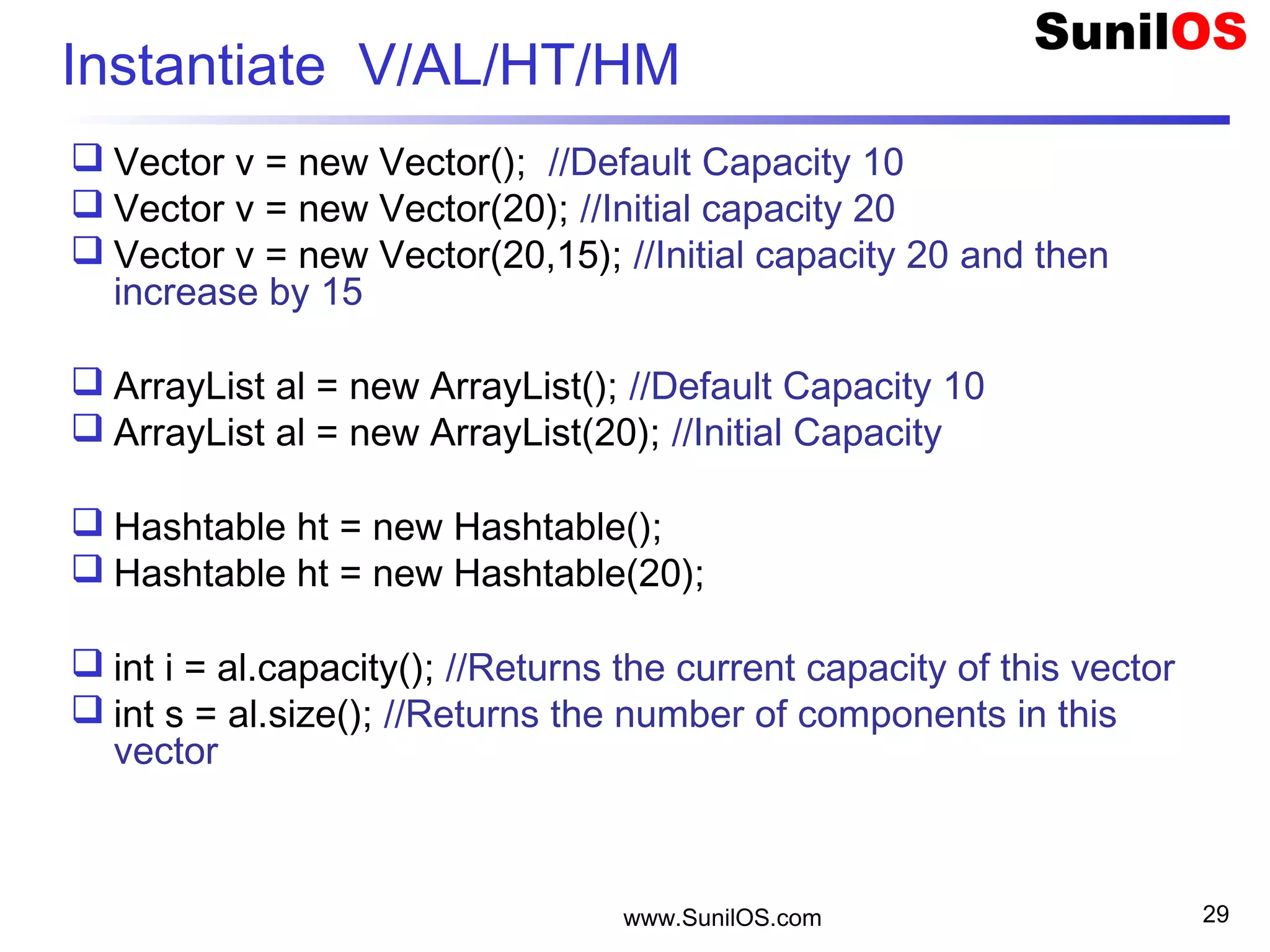 www.SunilOS.com 29
Instantiate V/AL/HT/HM
 Vector v = new Vector(); //Default Capacity 10
 Vector v = new Vector(20); //Initial capacity 20
 Vector v = new Vector(20,15); //Initial capacity 20 and then
increase by 15
 ArrayList al = new ArrayList(); //Default Capacity 10
 ArrayList al = new ArrayList(20); //Initial Capacity
 Hashtable ht = new Hashtable();
 Hashtable ht = new Hashtable(20);
 int i = al.capacity(); //Returns the current capacity of this vector
 int s = al.size(); //Returns the number of components in this
vector
 