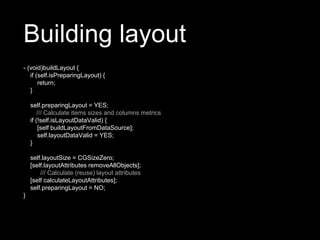 Building layout
- (void)buildLayout {
if (self.isPreparingLayout) {
return;
}
self.preparingLayout = YES;
/// Calculate items sizes and columns metrics
if (!self.isLayoutDataValid) {
[self buildLayoutFromDataSource];
self.layoutDataValid = YES;
}
self.layoutSize = CGSizeZero;
[self.layoutAttributes removeAllObjects];
/// Calculate (reuse) layout attributes
[self calculateLayoutAttributes];
self.preparingLayout = NO;
}
 