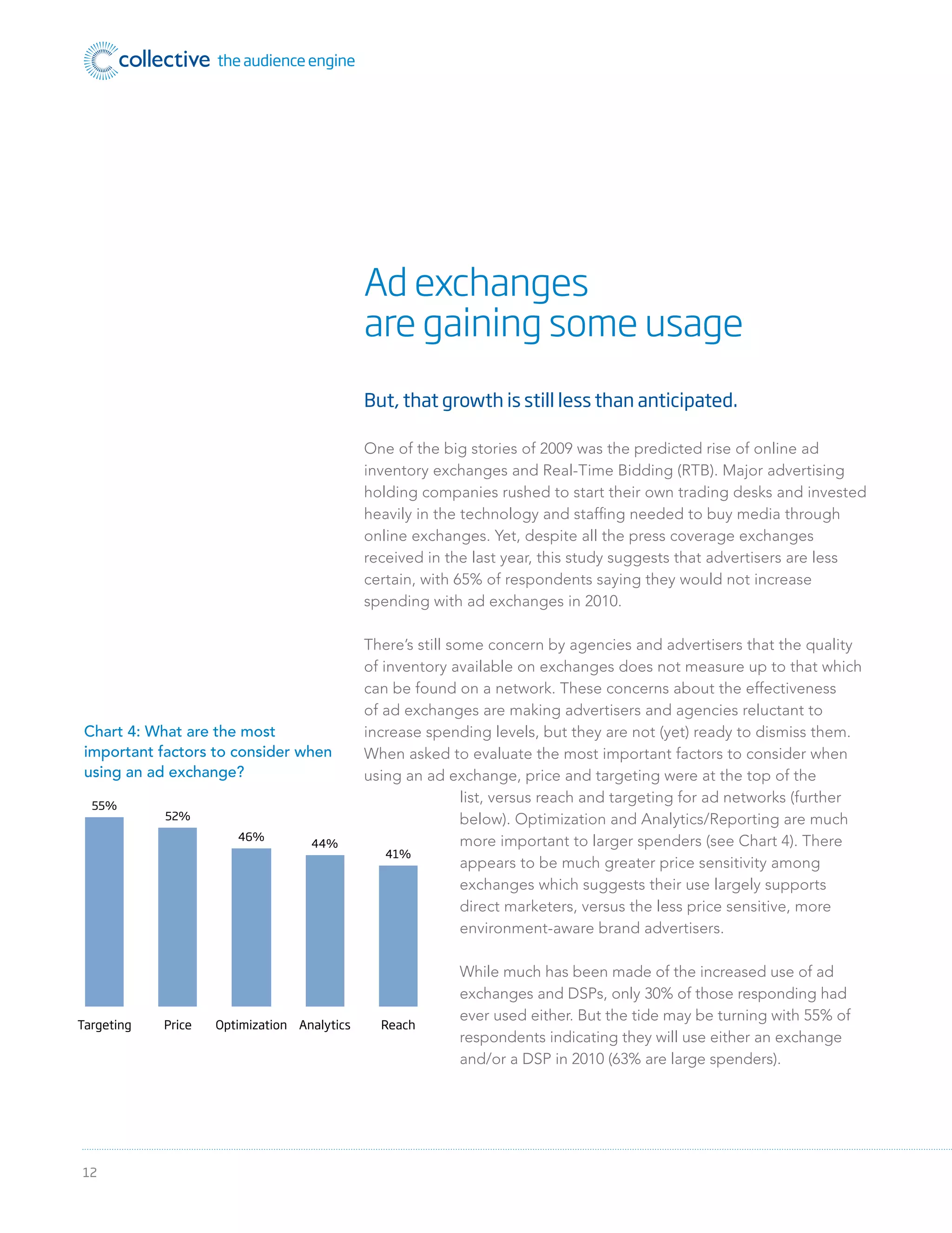 12
But, that growth is still less than anticipated.
One of the big stories of 2009 was the predicted rise of online ad
inventory exchanges and Real-Time Bidding (RTB). Major advertising
holding companies rushed to start their own trading desks and invested
heavily in the technology and stafﬁng needed to buy media through
online exchanges. Yet, despite all the press coverage exchanges
received in the last year, this study suggests that advertisers are less
certain, with 65% of respondents saying they would not increase
spending with ad exchanges in 2010.
There’s still some concern by agencies and advertisers that the quality
of inventory available on exchanges does not measure up to that which
can be found on a network. These concerns about the effectiveness
of ad exchanges are making advertisers and agencies reluctant to
increase spending levels, but they are not (yet) ready to dismiss them.
When asked to evaluate the most important factors to consider when
using an ad exchange, price and targeting were at the top of the
list, versus reach and targeting for ad networks (further
below). Optimization and Analytics/Reporting are much
more important to larger spenders (see Chart 4). There
appears to be much greater price sensitivity among
exchanges which suggests their use largely supports
direct marketers, versus the less price sensitive, more
environment-aware brand advertisers.
While much has been made of the increased use of ad
exchanges and DSPs, only 30% of those responding had
ever used either. But the tide may be turning with 55% of
respondents indicating they will use either an exchange
and/or a DSP in 2010 (63% are large spenders).
Targeting Price Optimization Analytics Reach
41%
44%
46%
52%
55%
What are the most important factors to
consider when using an ad exchange?
0, 2010
Chart 4: What are the most
important factors to consider when
using an ad exchange?
Ad exchanges
are gaining some usage
 