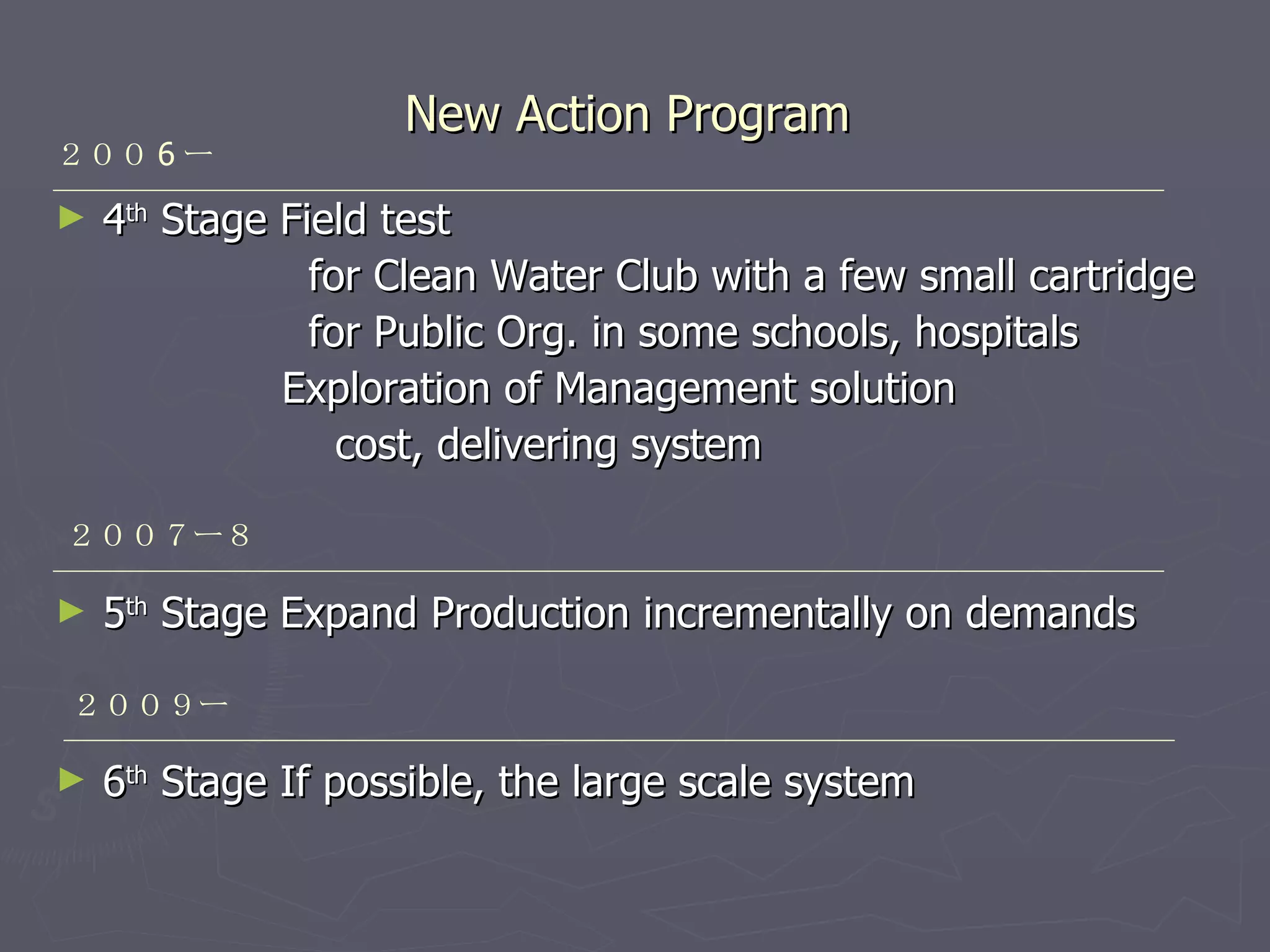 New Action Program  4 th  Stage Field test  for Clean Water Club with a few small cartridge for Public Org. in some schools, hospitals Exploration of Management solution cost, delivering system 5 th  Stage Expand Production incrementally on demands 6 th  Stage If possible, the large scale system  ２００ 6 ー ２００７ー８ ２００９ー 