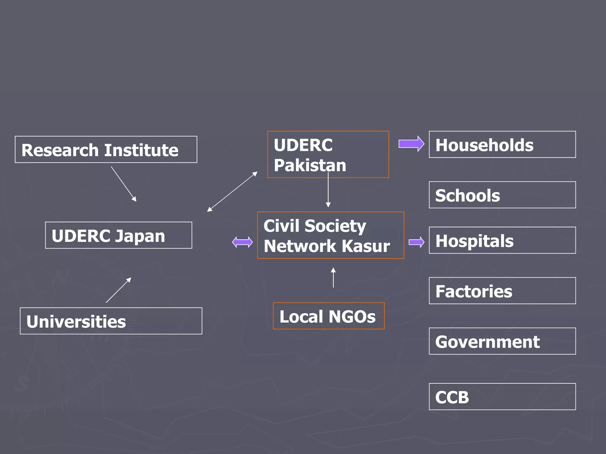 Civil Society Network Kasur Households Schools Hospitals Factories  UDERC Japan Government UDERC Pakistan Research Institute Universities Local NGOs CCB 