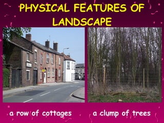 PHYSICAL FEATURES OF LANDSCAPE a row of cottages   a clump of trees 