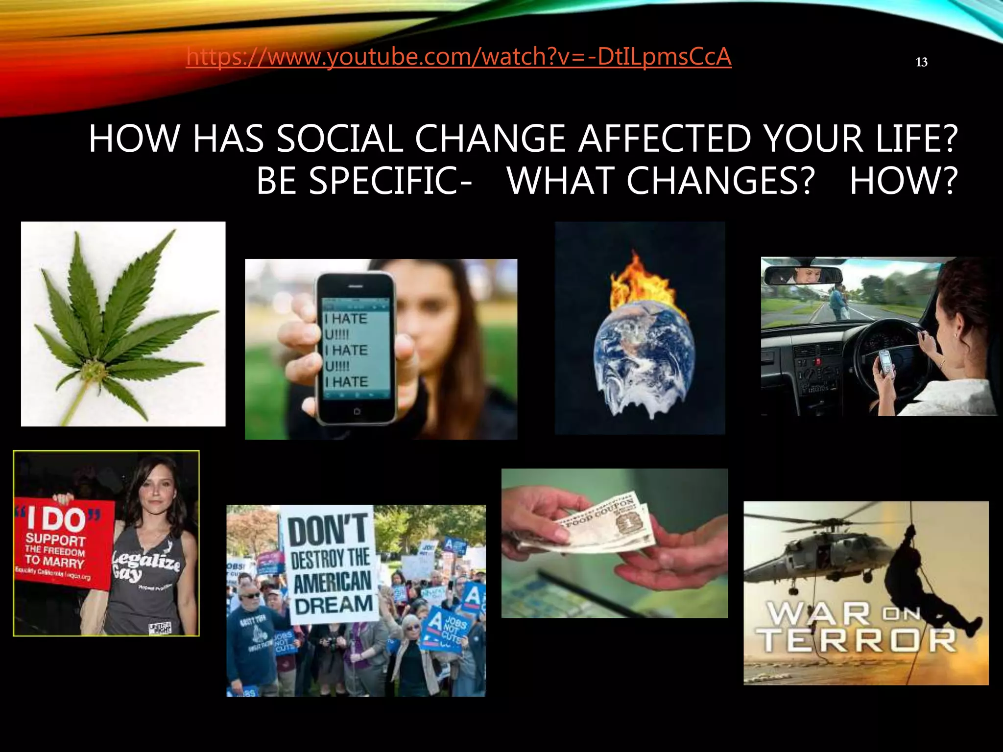HOW HAS SOCIAL CHANGE AFFECTED YOUR LIFE?
BE SPECIFIC- WHAT CHANGES? HOW?
13https://www.youtube.com/watch?v=-DtILpmsCcA
 