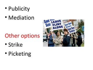 • Publicity
• Mediation
Other options
• Strike
• Picketing
 