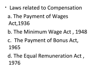 • Laws related to Compensation
a. The Payment of Wages
Act,1936
b. The Minimum Wage Act , 1948
c. The Payment of Bonus Act,
1965
d. The Equal Remuneration Act ,
1976
 