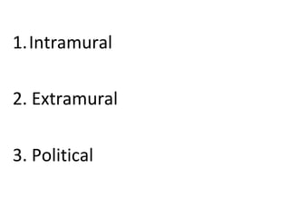 1.Intramural
2. Extramural
3. Political
 