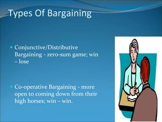 Types Of Bargaining


 Conjunctive/Distributive
 Bargaining - zero-sum game; win
 – lose



 Co-operative Bargaining - more
 open to coming down from their
 high horses; win – win.
 