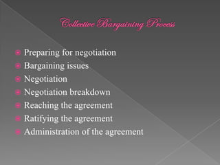  Preparing for negotiation
 Bargaining issues
 Negotiation
 Negotiation breakdown
 Reaching the agreement
 Ratifying the agreement
 Administration of the agreement
 