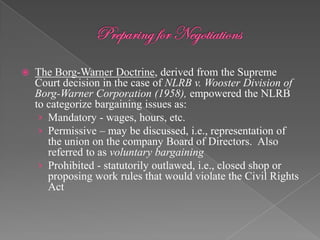    The Borg-Warner Doctrine, derived from the Supreme
    Court decision in the case of NLRB v. Wooster Division of
    Borg-Warner Corporation (1958), empowered the NLRB
    to categorize bargaining issues as:
     › Mandatory - wages, hours, etc.
     › Permissive – may be discussed, i.e., representation of
       the union on the company Board of Directors. Also
       referred to as voluntary bargaining
     › Prohibited - statutorily outlawed, i.e., closed shop or
       proposing work rules that would violate the Civil Rights
       Act
 