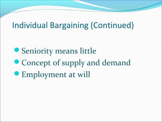 Individual Bargaining (Continued)
Seniority means little
Concept of supply and demand
Employment at will
 