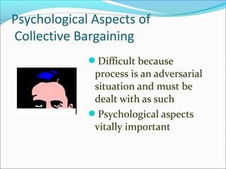 Psychological Aspects of
Collective Bargaining
Difficult because
process is an adversarial
situation and must be
dealt with as such
Psychological aspects
vitally important
 