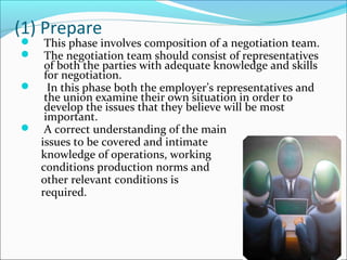 (1) Prepare
 This phase involves composition of a negotiation team.
 The negotiation team should consist of representatives
of both the parties with adequate knowledge and skills
for negotiation.
 In this phase both the employer’s representatives and
the union examine their own situation in order to
develop the issues that they believe will be most
important.
 A correct understanding of the main
issues to be covered and intimate
knowledge of operations, working
conditions production norms and
other relevant conditions is
required.
 