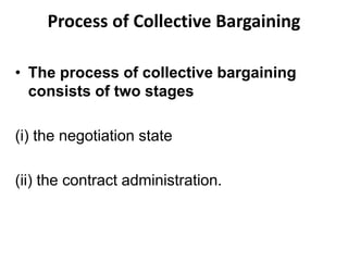 Process of Collective Bargaining
• The process of collective bargaining
consists of two stages
(i) the negotiation state
(ii) the contract administration.
 