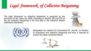 Legal framework of Collective Bargaining
The legal framework on collective bargaining is governed by the
provisions of the Labor Act 2006. According to section 209 and 210 of
the act collective bargaining is the first step in the industrial dispute
settlement mechanism.
Bangladesh has ratified ILO Conventions 87 and 98 on freedom
of association and collective bargaining and thus is required to
protect the rights contained therein.
 