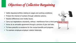 Objectives of Collective Bargaining
 Settle disputes/conflicts relating to wages and working conditions;
 Protect the interest of workers through collective actions;
 Resolve differences over knotty issues.
 Carry out negotiations voluntarily, without interference from a third party.
 Arrive at an amicable agreement through a process of give and take.
 To have peaceful co-existence for the mutual benefits and progress.
 To maintain employee-employer relation bilaterally.
 