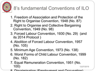 8’s fundamental Conventions of ILO
12/27/2019
1. Freedom of Association and Protection of the
Right to Organise Convention, 1948 (No. 87)
2. Right to Organise and Collective Bargaining
Convention, 1949 (No. 98)
3. Forced Labour Convention, 1930 (No. 29) (and
its 2014 Protocol )
4. Abolition of Forced Labour Convention, 1957
(No. 105)
5. Minimum Age Convention, 1973 (No. 138)
6. Worst Forms of Child Labour Convention, 1999
(No. 182)
7. Equal Remuneration Convention, 1951 (No.
100)
 