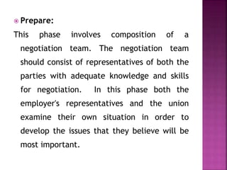  Prepare:
This phase involves composition of a
negotiation team. The negotiation team
should consist of representatives of both the
parties with adequate knowledge and skills
for negotiation. In this phase both the
employer's representatives and the union
examine their own situation in order to
develop the issues that they believe will be
most important.
 