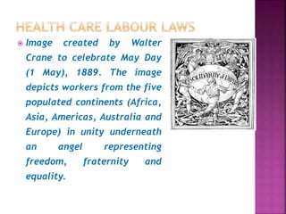  Image created by Walter
Crane to celebrate May Day
(1 May), 1889. The image
depicts workers from the five
populated continents (Africa,
Asia, Americas, Australia and
Europe) in unity underneath
an angel representing
freedom, fraternity and
equality.
 