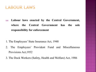 (a) Labour laws enacted by the Central Government,
where the Central Government has the sole
responsibility for enforcement
1. The Employees’ State Insurance Act, 1948
2. The Employees’ Provident Fund and Miscellaneous
Provisions Act,1952
3. The Dock Workers (Safety, Health and Welfare) Act, 1986
 