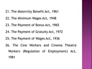 21. The Maternity Benefit Act, 1961
22. The Minimum Wages Act, 1948
23. The Payment of Bonus Act, 1965
24. The Payment of Gratuity Act, 1972
25. The Payment of Wages Act, 1936
26. The Cine Workers and Cinema Theatre
Workers (Regulation of Employment) Act,
1981
 